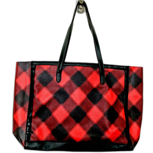 NEW Victoria Secret Red Black Checkered Plaid Holiday Weekender Tote Bag - Picture 2 of 7